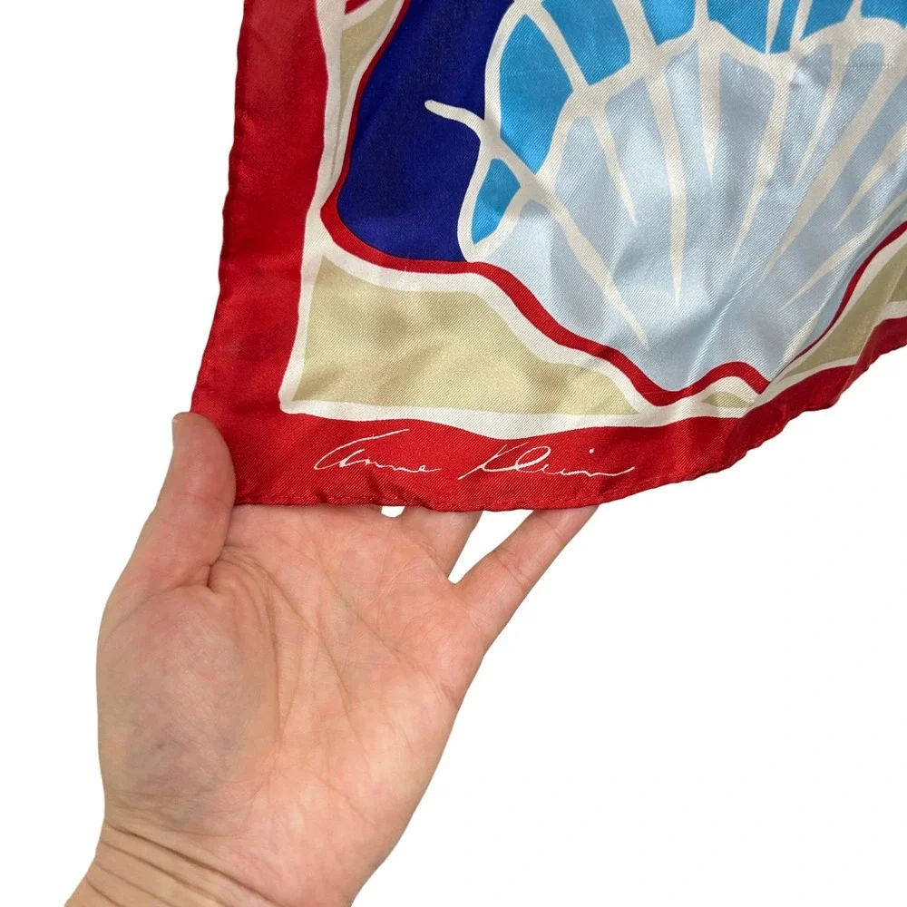 Anne Klein Silk Scarf Nautical Seashell‎ Print Red Blue Coastal Grandma 80s